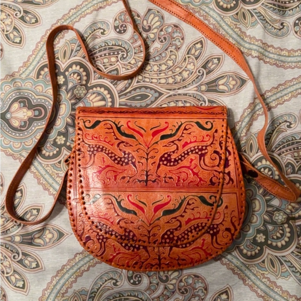 Handcrafted Leather Crossbody Bag - Tan and Red